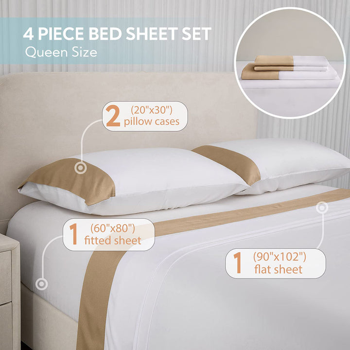 100% Bamboo Sheets 4 PCS Set - White & Champaign Gold