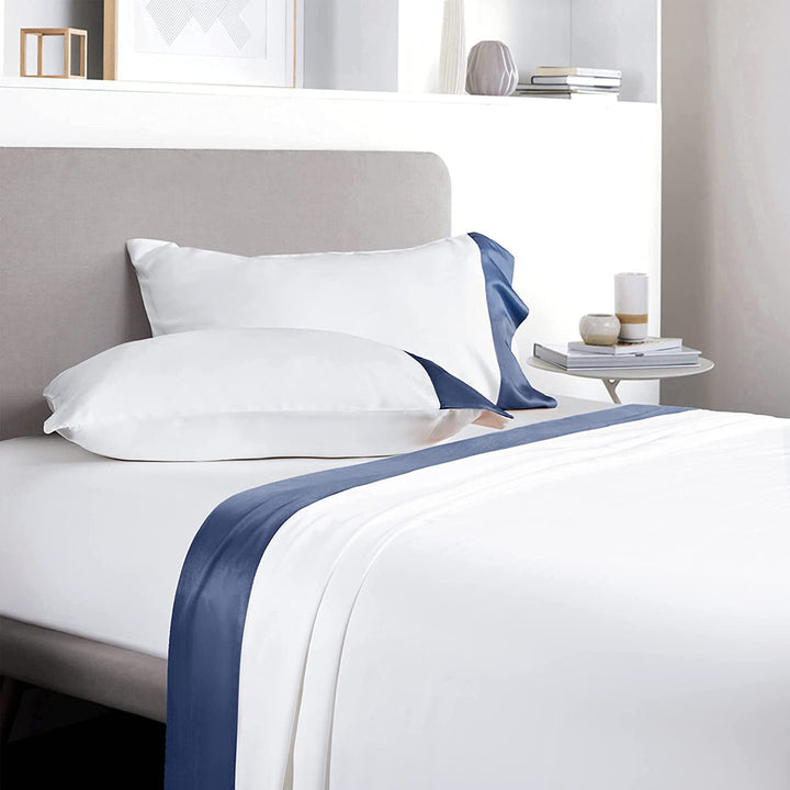 100% Bamboo Sheets 4 PCS Set - White & Navy Blue