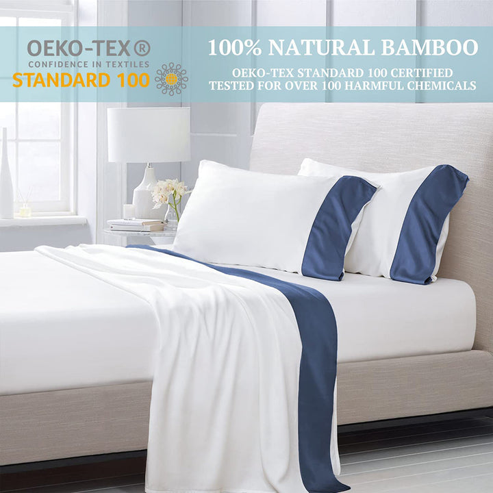 100% Bamboo Sheets 4 PCS Set - White & Navy Blue