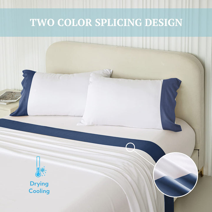100% Bamboo Sheets 4 PCS Set - White & Navy Blue
