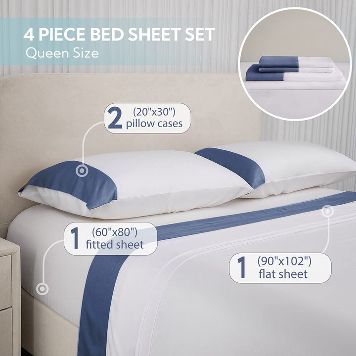 100% Bamboo Sheets 4 PCS Set - White & Navy Blue