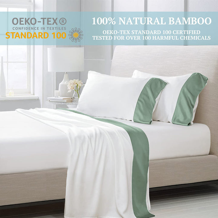 100% Bamboo Sheets 4 PCS Set - White & Sage Green