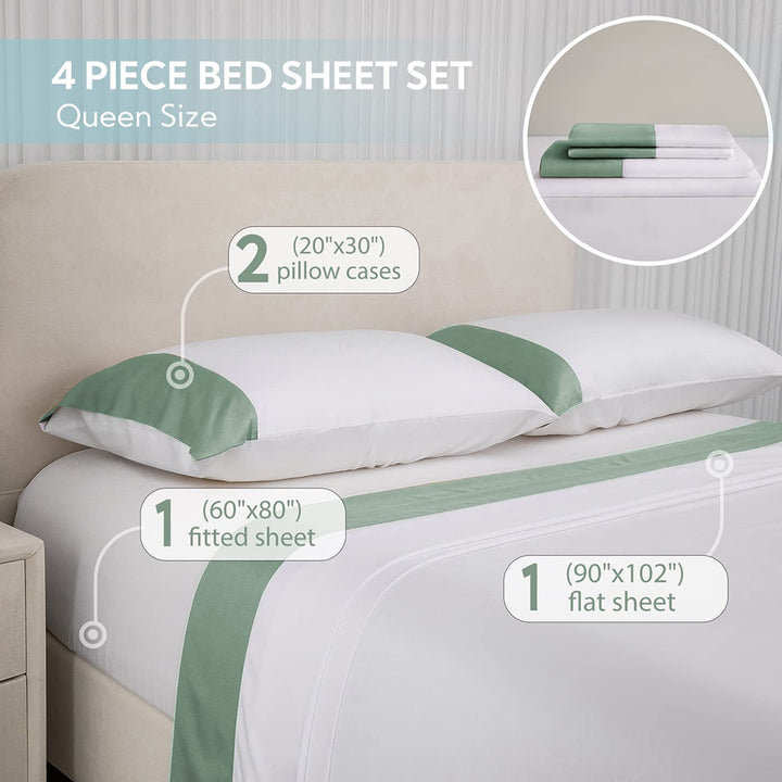 100% Bamboo Sheets 4 PCS Set - White & Sage Green