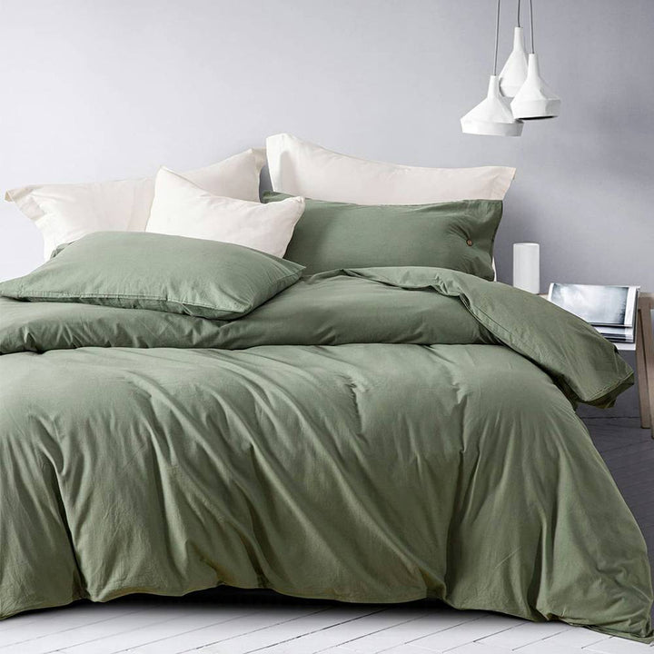 100% Washed Cotton 3 PCS Duvet Cover Set - Sage Green