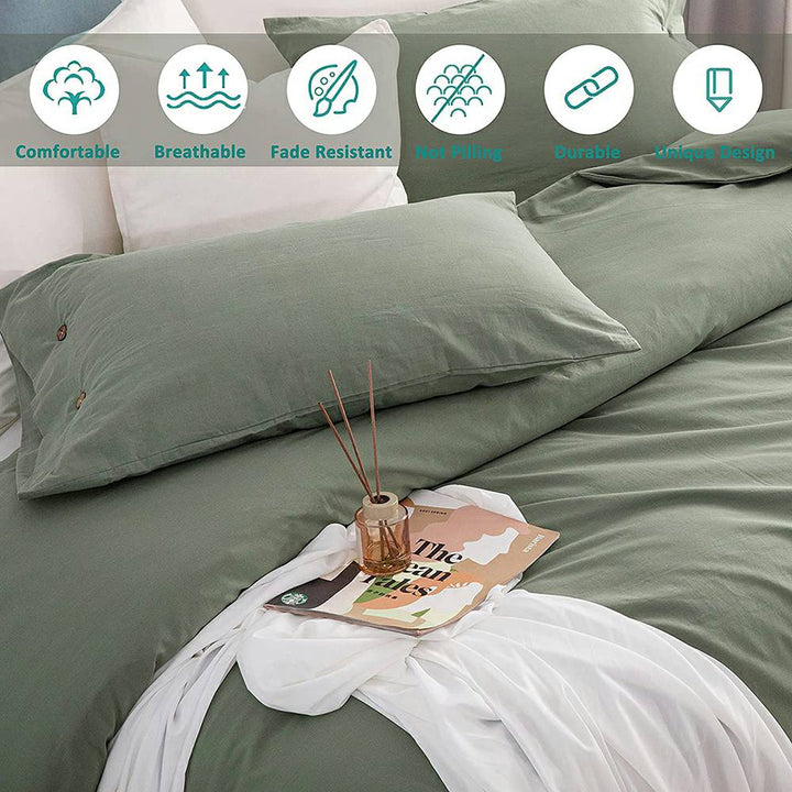 100% Washed Cotton 3 PCS Duvet Cover Set - Sage Green