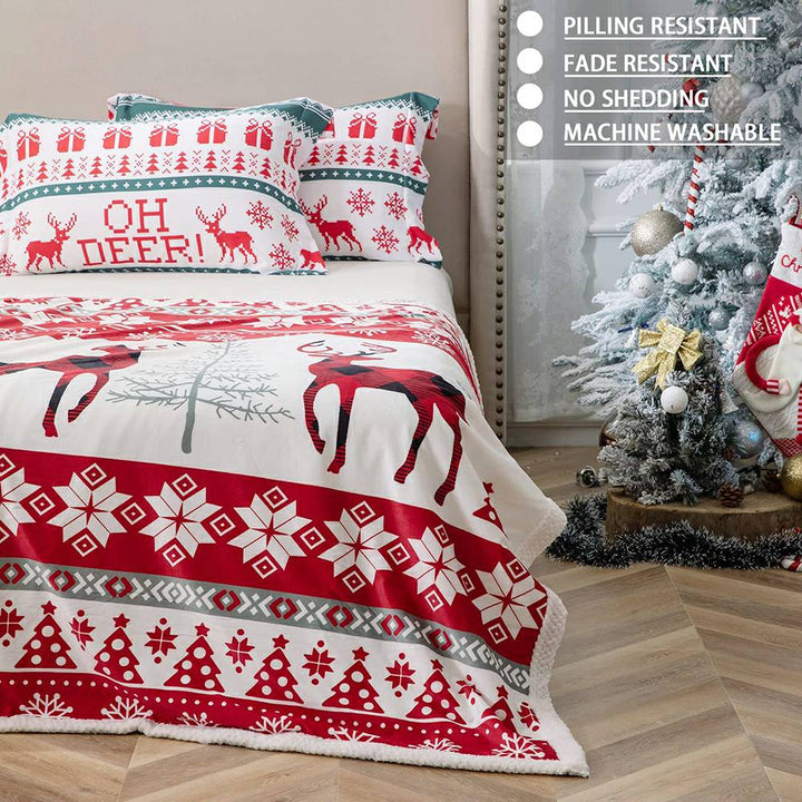 Christmas Flannel Fleece Throw Blanket - Reindeer Red White