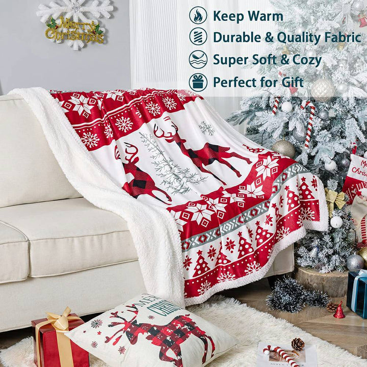 Christmas Flannel Fleece Throw Blanket - Reindeer Red White