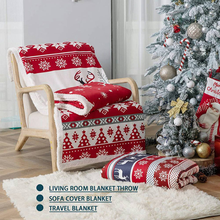 Christmas Flannel Fleece Throw Blanket - Snow Reindeer Red