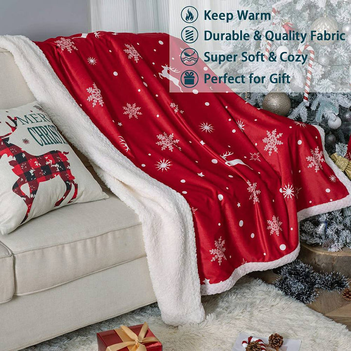 Christmas Flannel Fleece Throw Blanket - Snow Reindeer Red
