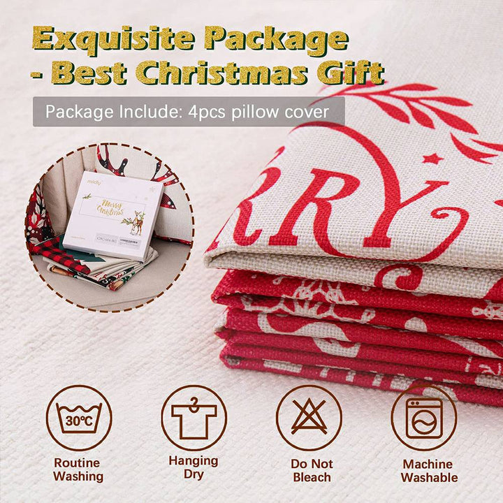 Christmas Pillow Covers Set of 4 for Sofa Couch - Red & Beige