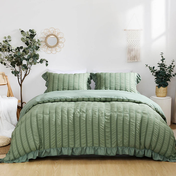 High-density Microfiber 3 PCS Duvet Cover Set - Sage Green Seersucker