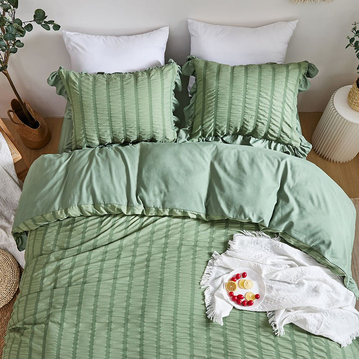 High-density Microfiber 3 PCS Duvet Cover Set - Sage Green Seersucker