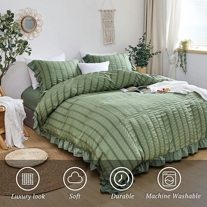 High-density Microfiber 3 PCS Duvet Cover Set - Sage Green Seersucker