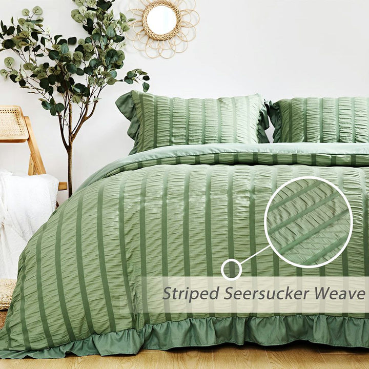 High-density Microfiber 3 PCS Duvet Cover Set - Sage Green Seersucker