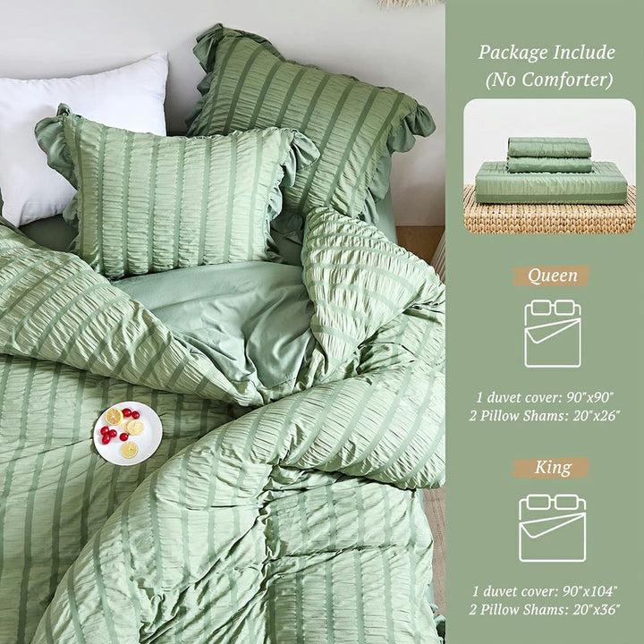 High-density Microfiber 3 PCS Duvet Cover Set - Sage Green Seersucker