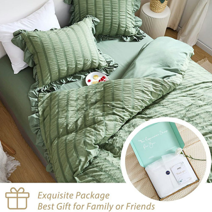 High-density Microfiber 3 PCS Duvet Cover Set - Sage Green Seersucker