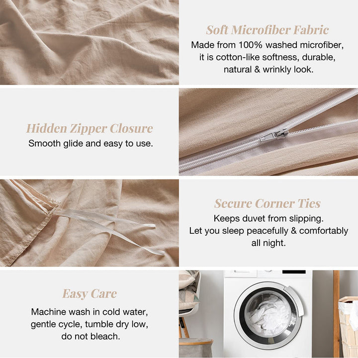 Washed Microfiber 3 PCS Duvet Cover Set - Light Khaki