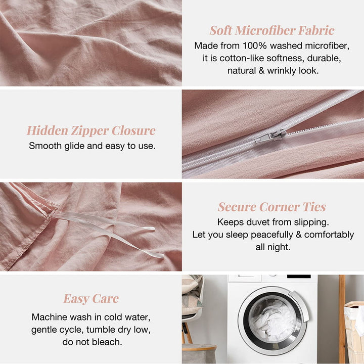 Washed Microfiber 3 PCS Duvet Cover Set - Pink Mocha