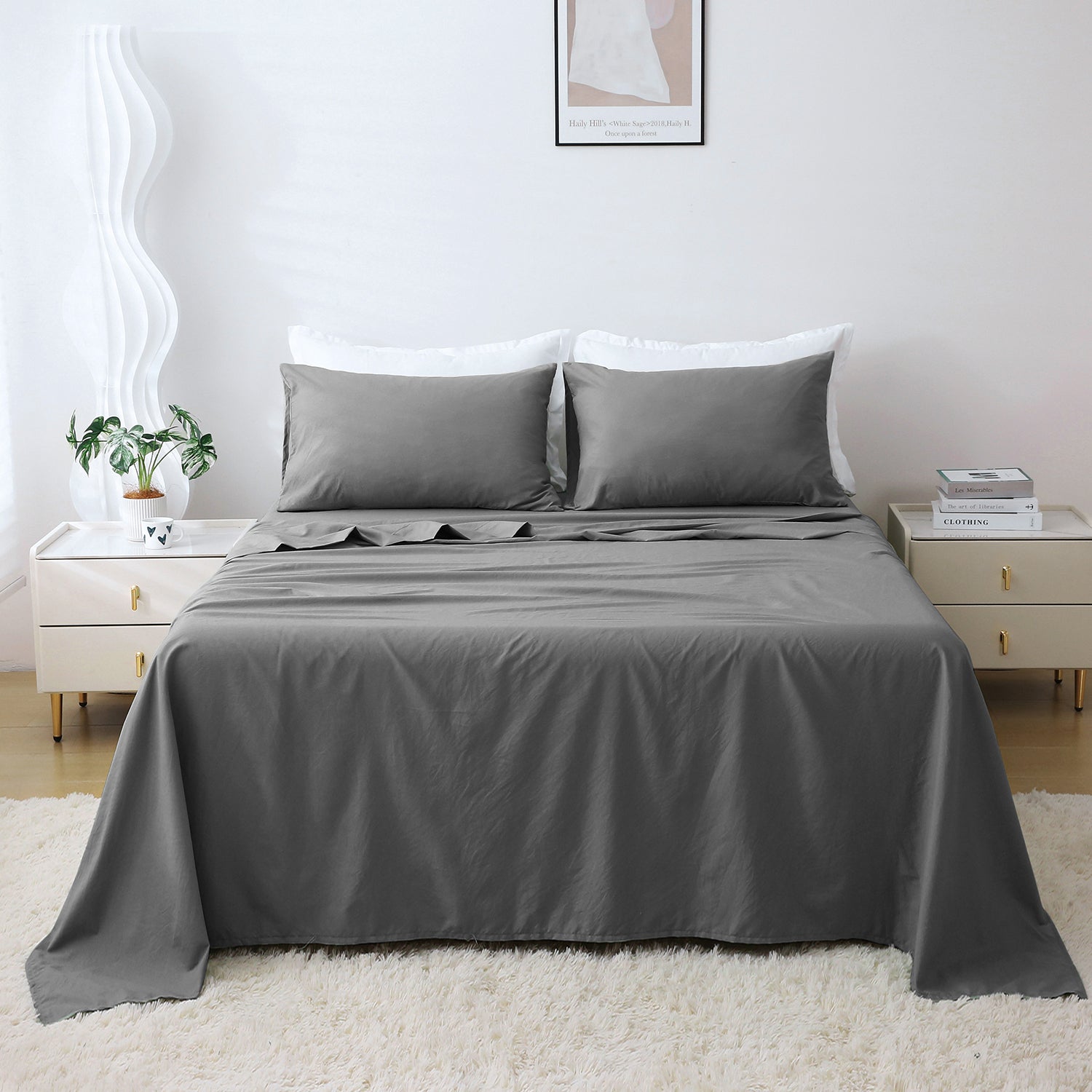 SDY 4PCS Grey Bed Sheets Set Queen Size, Hotel Style Luxury Bedding Sheets ＆ Pillowcases Including 1 Top Flat Sheet+1 Fitted Sheet+2 Pillowcases, Wri MILDLY Microfiber 4 Pieces Bed Sheets Set - Grey \u2013 Mildly
