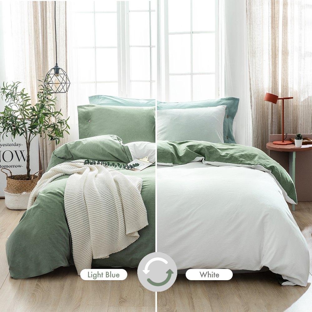 Washed Cotton 3-Piece Reversible Duvet Cover Set - Mineral Green & White -  Mildlyhome