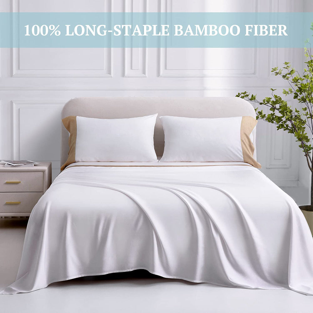 100% Bamboo Sheets 4 PCS Set - White & Champaign Gold