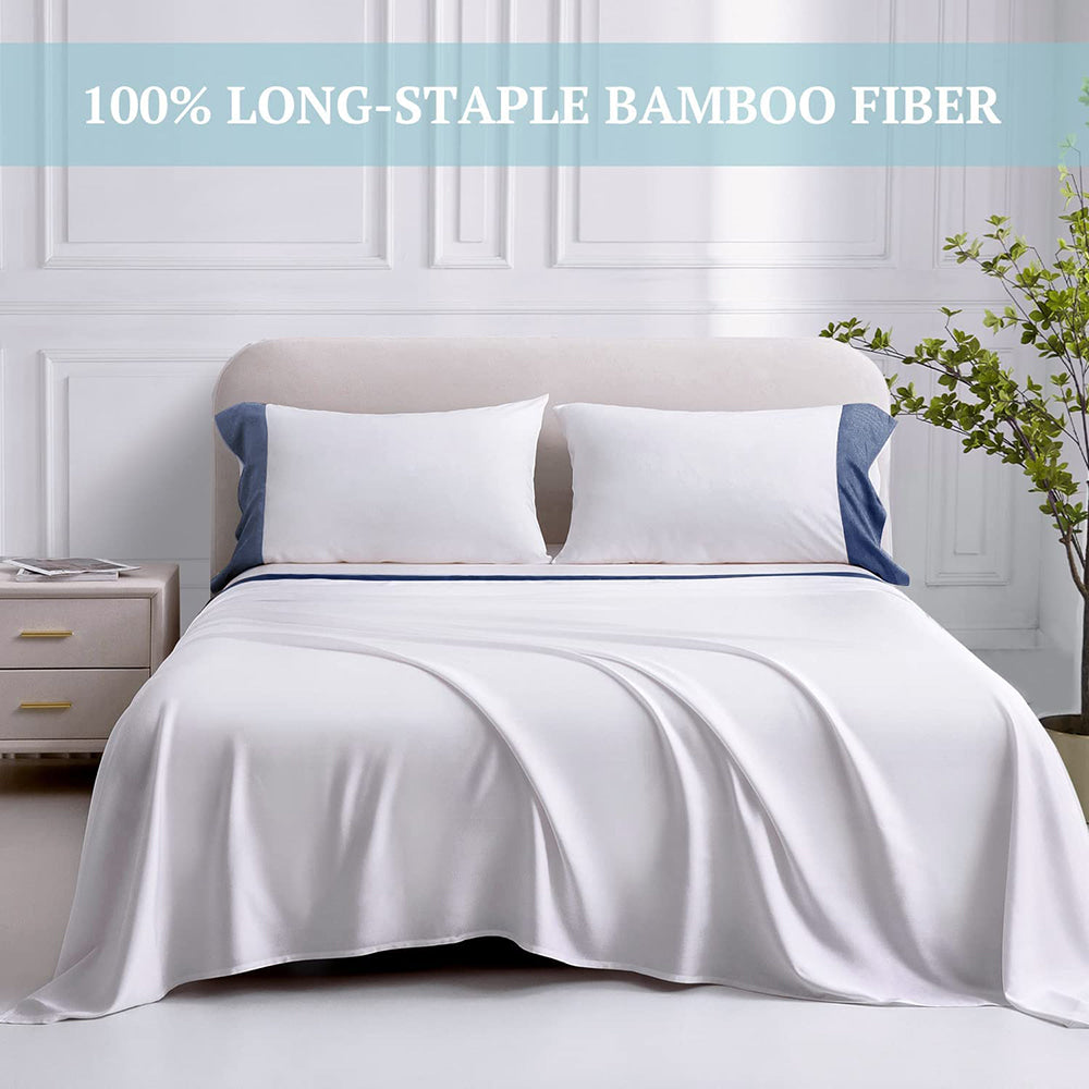 100% Bamboo Sheets 4 PCS Set - White & Navy Blue