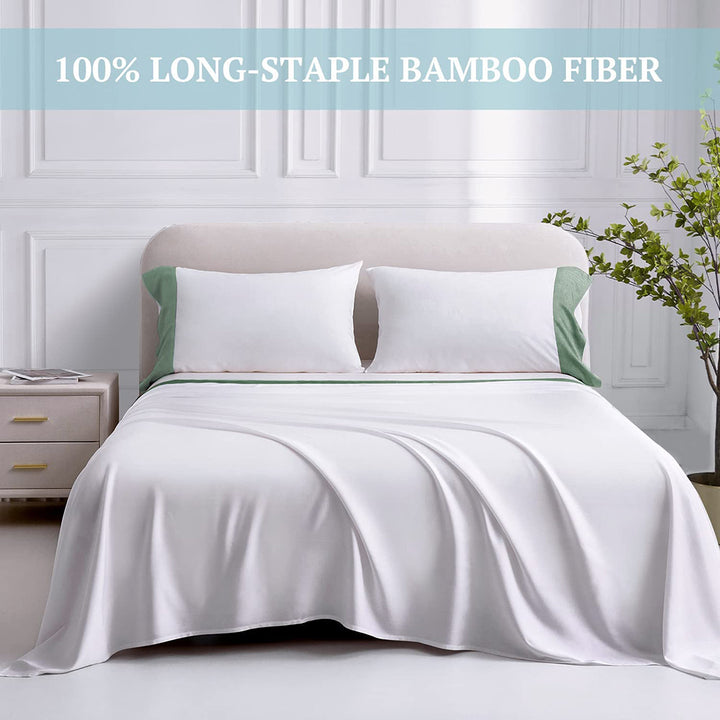100% Bamboo Sheets 4 PCS Set - White & Sage Green