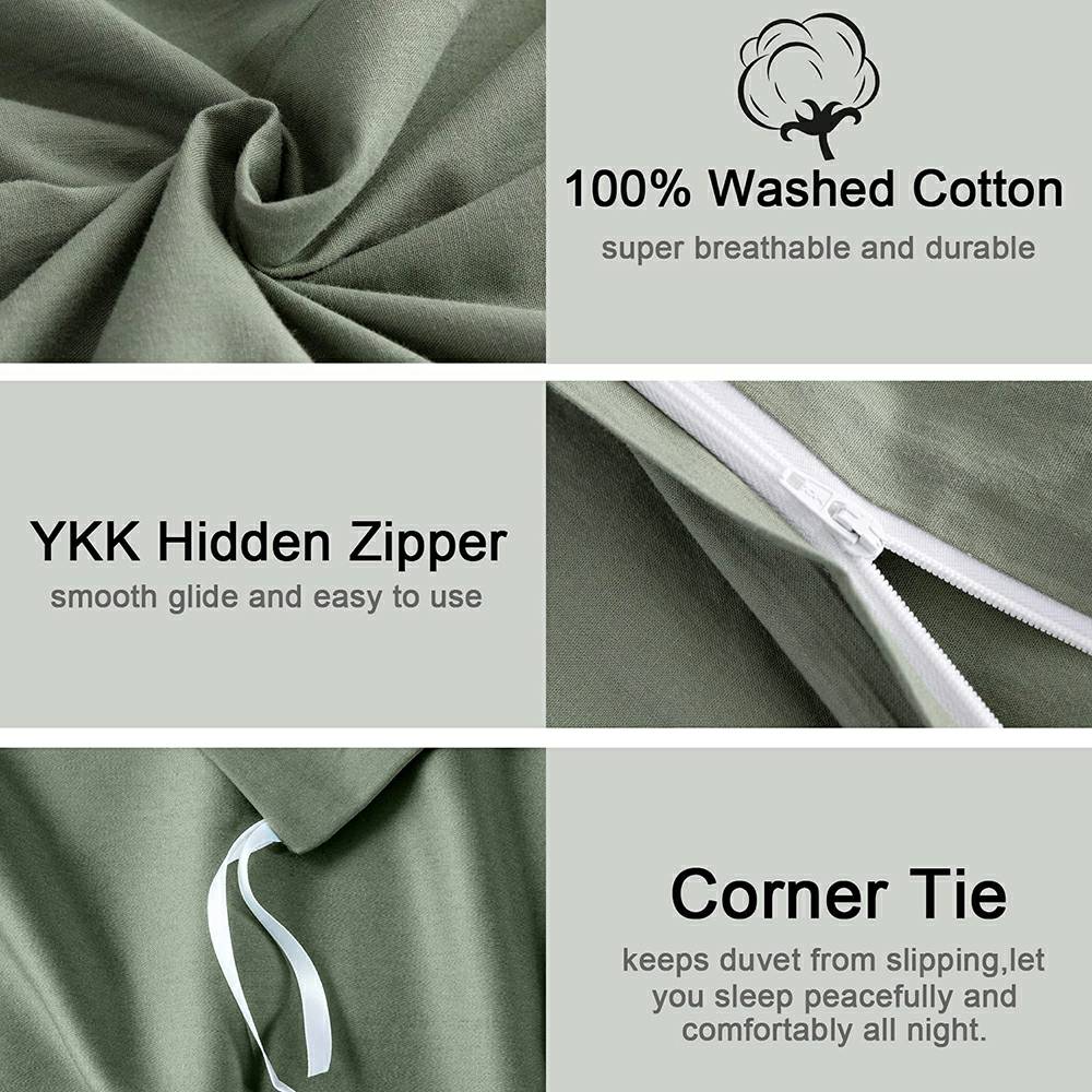 100% Washed Cotton 3 PCS Duvet Cover Set - Sage Green