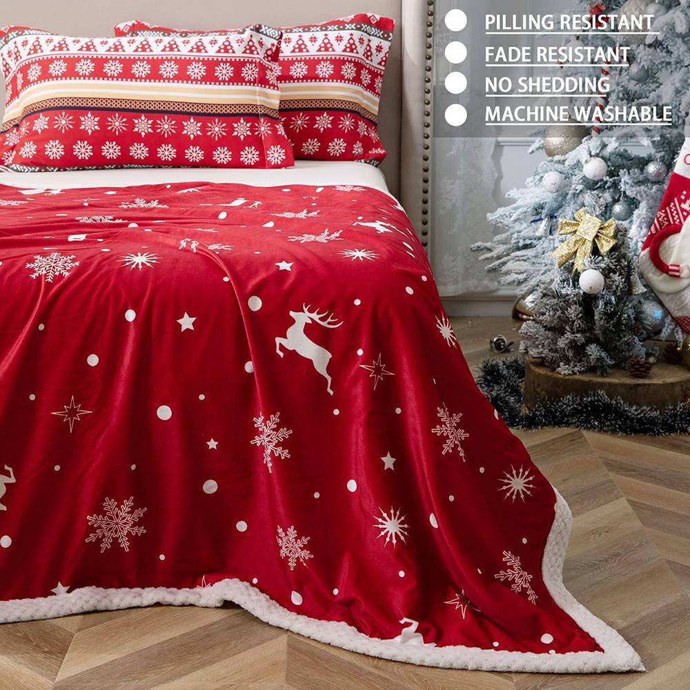 Christmas Flannel Fleece Throw Blanket - Snow Reindeer Red