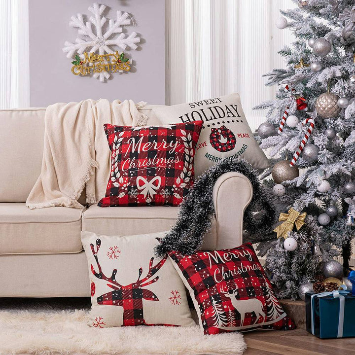 クリスマス枕カバー 4 枚セット ソファ ソファ用 - ブラック&amp;レッド