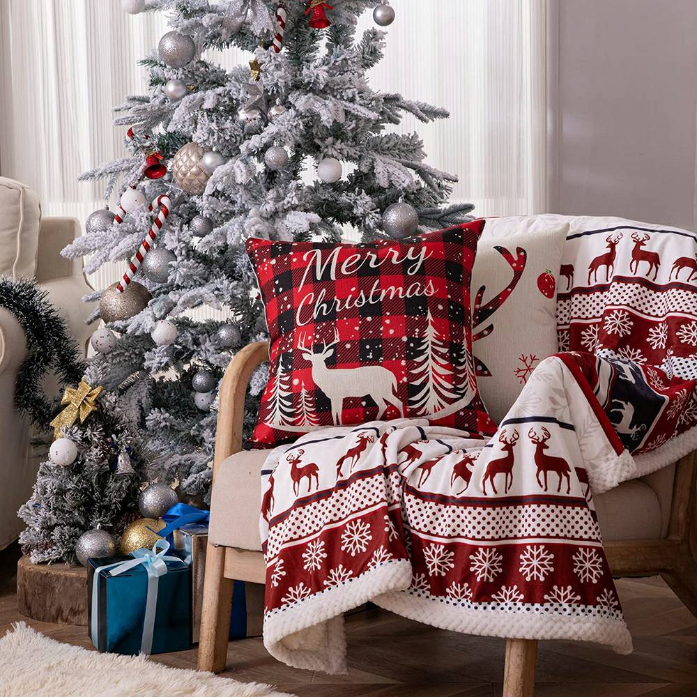 クリスマス枕カバー 4 枚セット ソファ ソファ用 - ブラック&amp;レッド