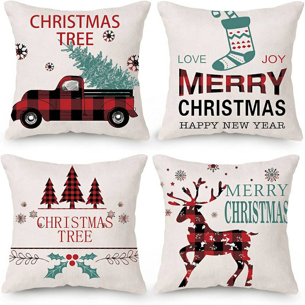 クリスマス枕カバー 4 枚セット ソファ ソファ用 - バッファローチェック柄