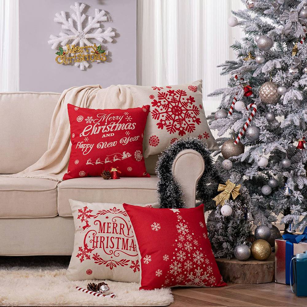 クリスマス枕カバー 4 枚セット ソファ ソファ用 - レッド &amp; ベージュ