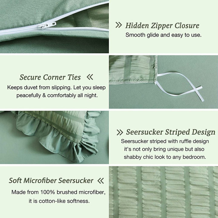 High-density Microfiber 3 PCS Duvet Cover Set - Sage Green Seersucker
