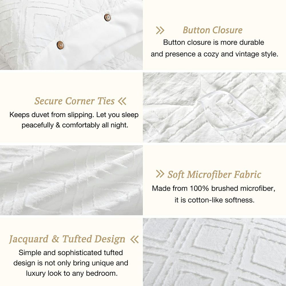 High-density Microfiber 3 PCS Duvet Cover Set - White Tufted