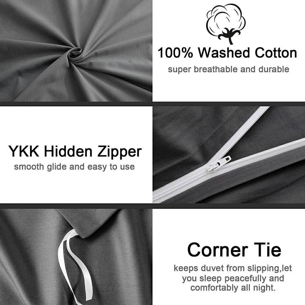 100% Washed Cotton 3 PCS Duvet Cover Set - Gray