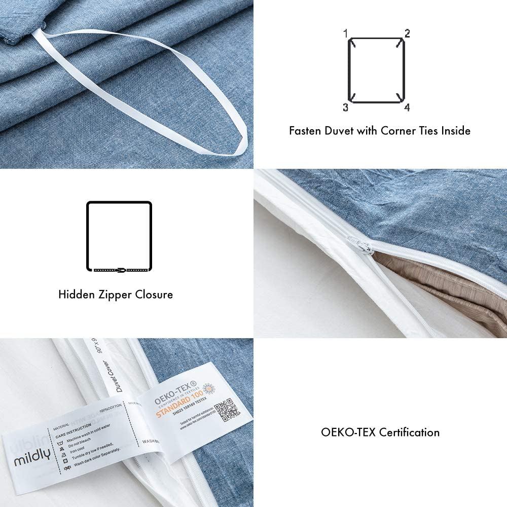 100% Washed Cotton 3 PCS Reversible Duvet Cover Set - Denim Blue & White