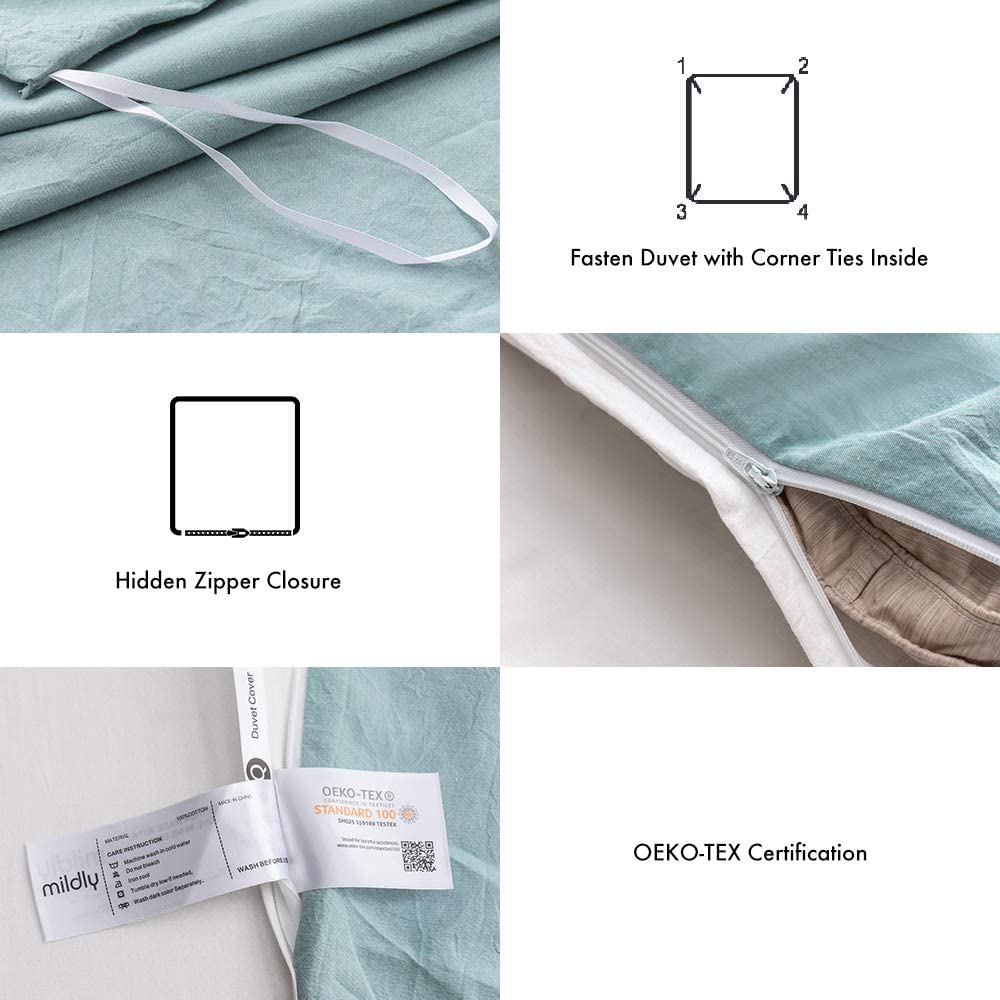 100% Washed Cotton 3 PCS Reversible Duvet Cover Set - Light Blue & White