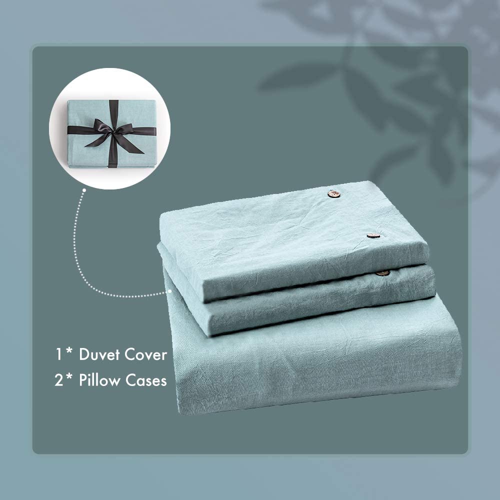 100% Washed Cotton 3 PCS Reversible Duvet Cover Set - Light Blue & White