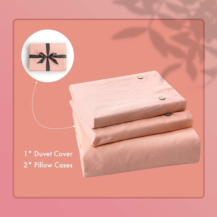 100% Washed Cotton 3 PCS Reversible Duvet Cover Set - Light Pink & White